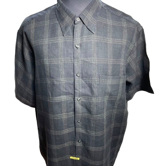 Tasso Elba Linen Dress Shirt Men XXL Short sleeve Linen Black and cream plaid - Picture 1 of 12